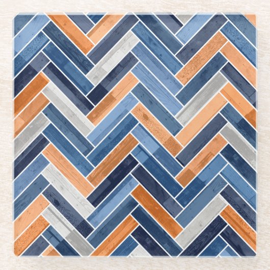 Herringbone-Muster in Navy Blue und Orange Glasuntersetzer (Vorderseite)