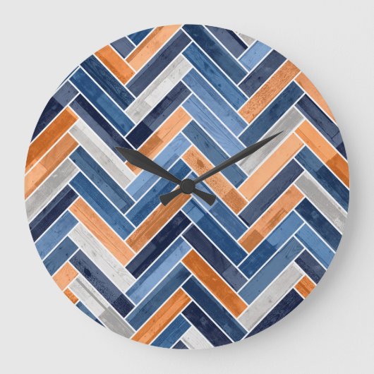 Herringbone-Muster in Navy Blue und Orange Große Wanduhr (Vorderseite)