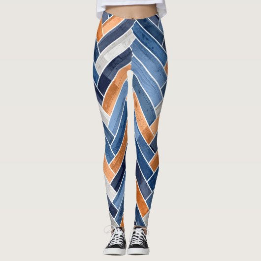Herringbone-Muster in Navy Blue und Orange Leggings (Vorderseite)