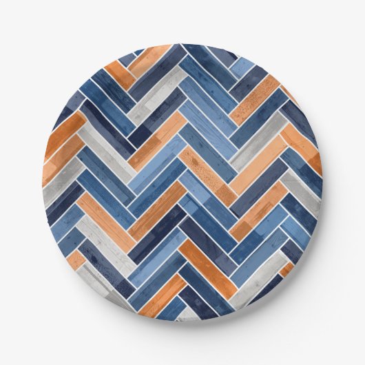 Herringbone-Muster in Navy Blue und Orange Pappteller (Vorderseite)