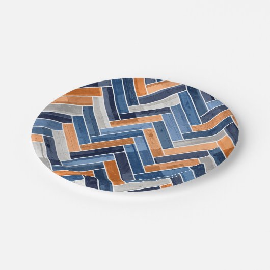Herringbone-Muster in Navy Blue und Orange Pappteller (Schrägansicht)