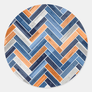 Herringbone-Muster in Navy Blue und Orange Runder Aufkleber