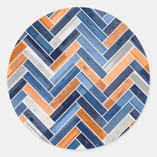 Herringbone-Muster in Navy Blue und Orange Runder Aufkleber (Vorderseite)