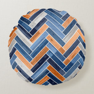 Herringbone-Muster in Navy Blue und Orange Rundes Kissen