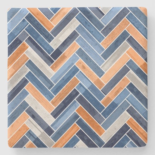 Herringbone-Muster in Navy Blue und Orange Steinuntersetzer (Vorderseite)