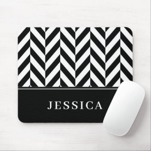 Herringbone-Muster Schwarz-Weiß-Individuelle Name Mousepad