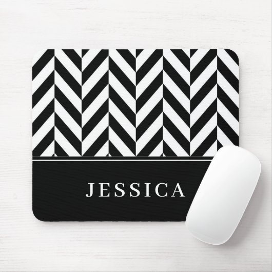 Herringbone-Muster Schwarz-Weiß-Individuelle Name Mousepad (Mit Mouse)