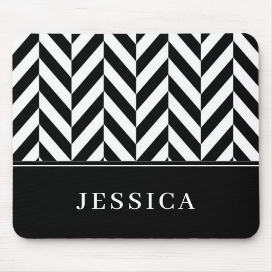 Herringbone-Muster Schwarz-Weiß-Individuelle Name Mousepad (Vorne)