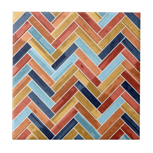 Herringbone Pattern Blue Yellow Orange Red Fliese (Vorderseite)