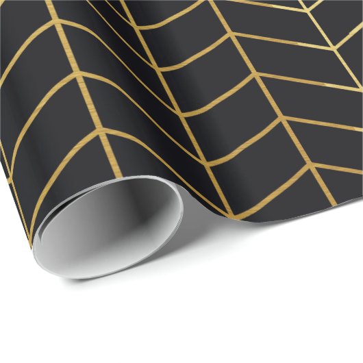 Herringbone Pattern Faux Gold Foil Black Geometric Geschenkpapier (Rolleneckpunkt)