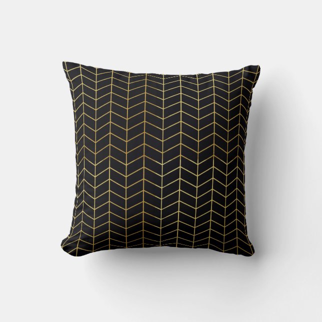 Herringbone Pattern Faux Gold Foil Black Geometric Kissen (Vorderseite)