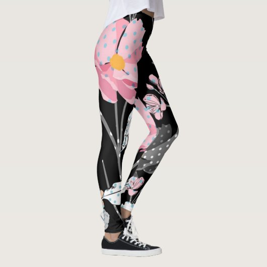 Herrlich rosa, schwarz, grau Abstrakte Blütenleder Leggings (Rechts)