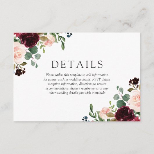 Herrliche Blume Blush & Burgund Hochzeit Begleitkarte (Vorderseite)