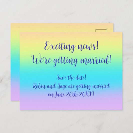 Herrliche Pastel-Regenbogen-Hochzeit Rett-The-Date Ankündigungspostkarte (Vorne/Hinten)