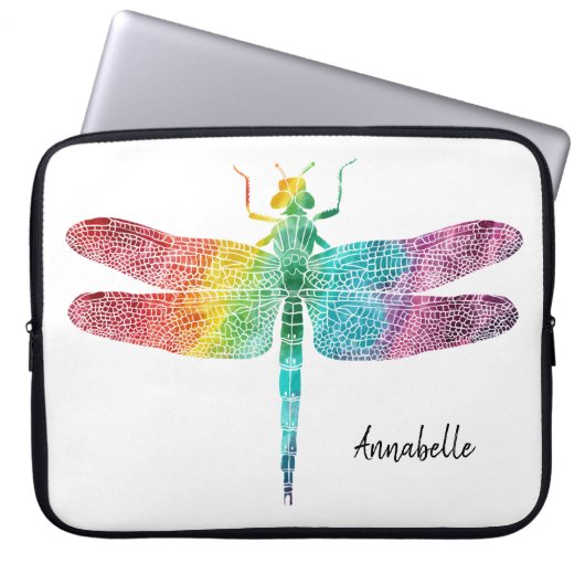 Herrliche Regenbogenwatercolor-Libellen-Silhouette Laptopschutzhülle (Vorderseite)