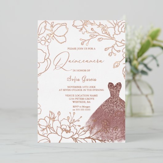 Herrliche Rose Gold Blätter Blush Dress Quinceaner Folieneinladung (Stehend vorne)