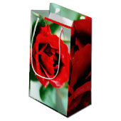 Herrliche rote Rose mit Morgentauben Kleine Geschenktüte (Rückseite Schrägansicht)