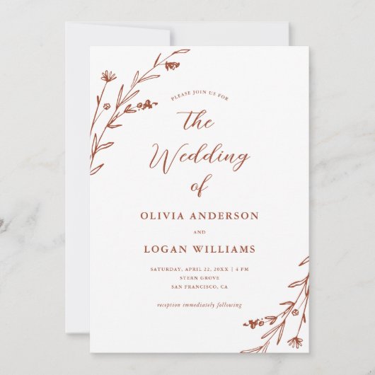 Herrliche Rustikale Terracotta Wildblume Boho Wedd Einladung (Vorderseite)