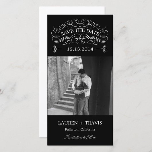 Herrliche Wirbel Save the Date Fotokarte - Schwarz (Vorne/Hinten)