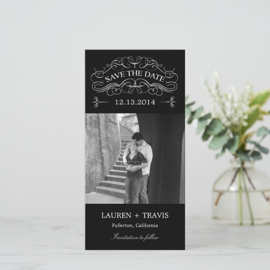 Herrliche Wirbel Save the Date Fotokarte - Schwarz (Stehend Vorderseite)