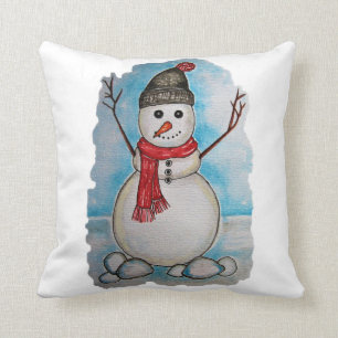 Herrlicher Aquarell-Schneemann mit Schal und Hut Kissen
