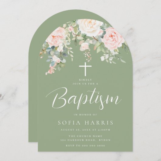 Herrlicher Blush & Sage Boy oder Girl Baptisc Arch Einladung (Vorne/Hinten)