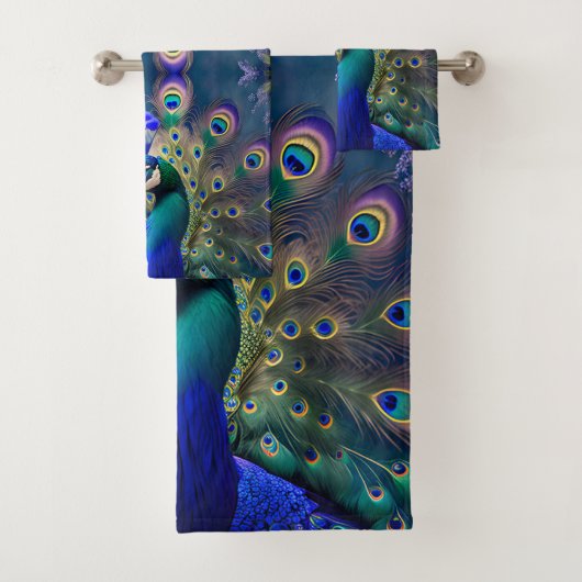 Herrlicher Pfau mit aquamarinem und goldenem Abstu Badhandtuch Set (Insitu)