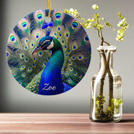 Herrlicher Pfau mit aquamarinem und goldenem Abstu Keramik Ornament