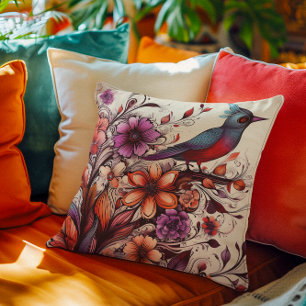 Herrlicher Roter Vogel und Blütensommer Kissen