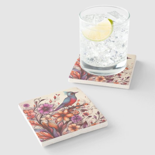 Herrlicher Roter Vogel und Blütensommer Steinuntersetzer (Seitenansicht)