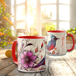 Herrlicher Roter Vogel und geblümter Name Sommer Tasse