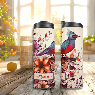 Herrlicher Roter Vogel und geblümter Name Sommer Thermosbecher