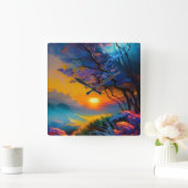 Herrlicher Sonnenaufgang über dem Teich Quadratische Wanduhr (Zuhause)