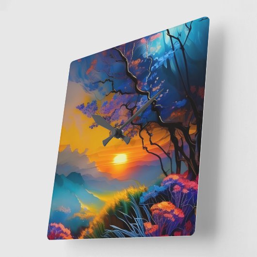 Herrlicher Sonnenaufgang über dem Teich Quadratische Wanduhr (Winkel)