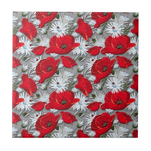 Herrliches rotes Mohnblumensommer-Blumenmuster Fliese (Vorderseite)