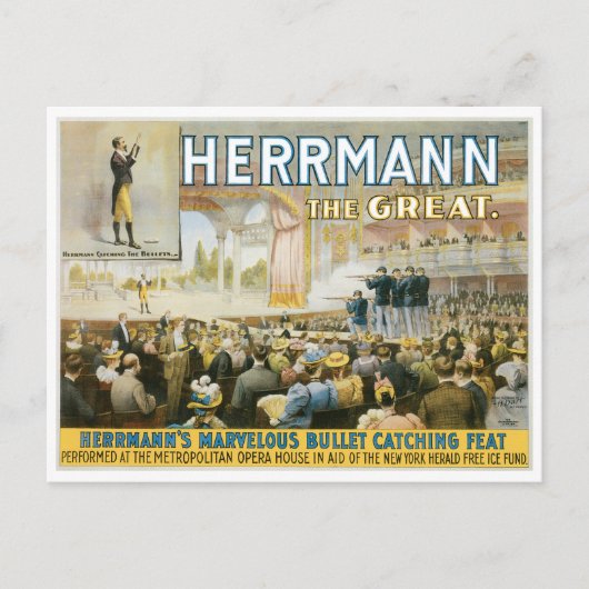 Herrmann The Great ~ Vintager Bullet Catching Act Postkarte (Vorderseite)