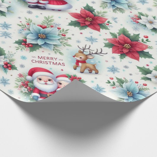 Herrn Claus, Rudolph, Poinsettias und Holly Geschenkpapier (Ecke)