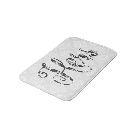 Hers-Black Moderner Text & White Damaskus Badematte (Schrägansicht)