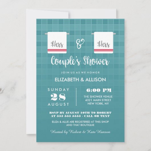 Hers & Hers | Dusche für blaue und rote Lesben Einladung (Vorderseite)