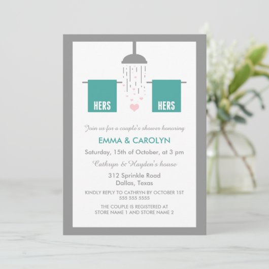 Hers und Hers | Dusche für Lesben Einladung (Stehend Vorderseite)