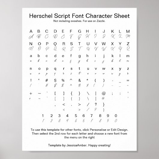 Herschel Script Schriftart Character Sheet for Zaz Poster (Vorne)