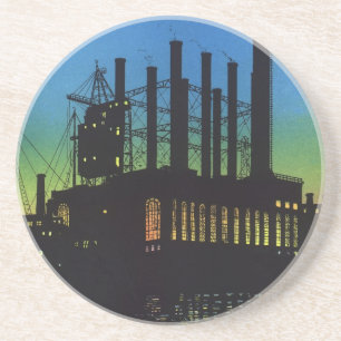 Herstellungsfabrik bei Sonnenuntergang, Vintage-Ge Sandstein Untersetzer