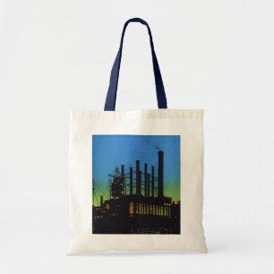 Herstellungsfabrik bei Sonnenuntergang, Vintage-Ge Tragetasche