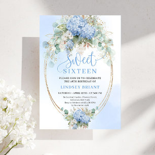 Herunterladbare Blaue Hortensie Gold Sweet 16 Gebu Einladung
