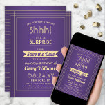 Herunterladbare Überraschung Geburtstag Lila und G Save The Date<br><div class="desc">Kannst du ein Geheimnis behalten haben? Laden Sie Ihre Familie und Freunde zu einer eleganten und aufregenden Überraschungsfeier mit maßgeschneiderten, lila und goldfarbenen Party Einladungen ein. Alle Formulierungen auf dieser Vorlage ist einfach zu personalisieren, einschließlich der Nachricht, dass "Shhh! Es ist ÜBERRASCHEND." Das Design besticht durch eine moderne gestreifte Grenze...</div>