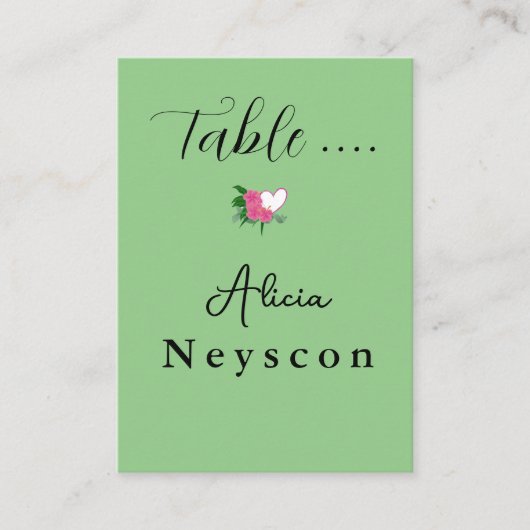 Herunterladbares Hochzeitsherz und Blütengrün Platzkarte (Vorderseite)