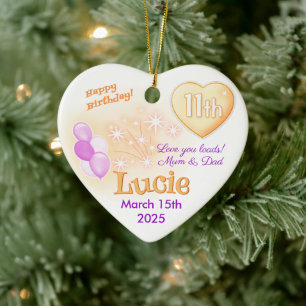Herz 11. Geburtstag Mädchen Tochter lilac & gold Keramik Ornament
