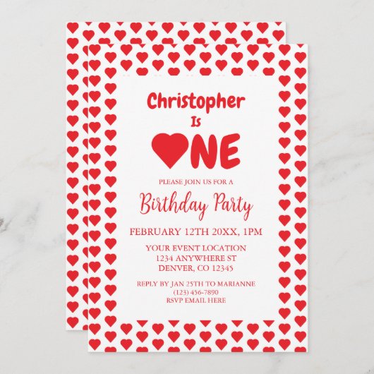 Herz 1. Geburtstag Einladung (Vorne/Hinten)
