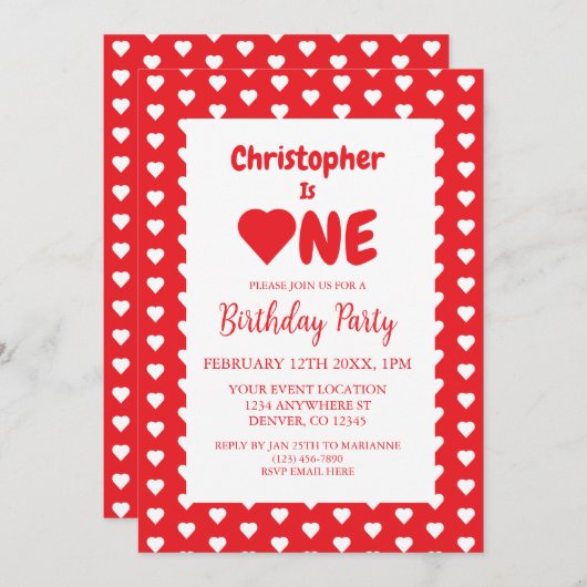 Herz 1. Geburtstag Einladung (Vorne/Hinten)