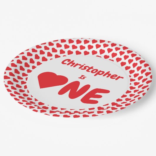 Herz 1. Geburtstag Pappteller (Schrägansicht)